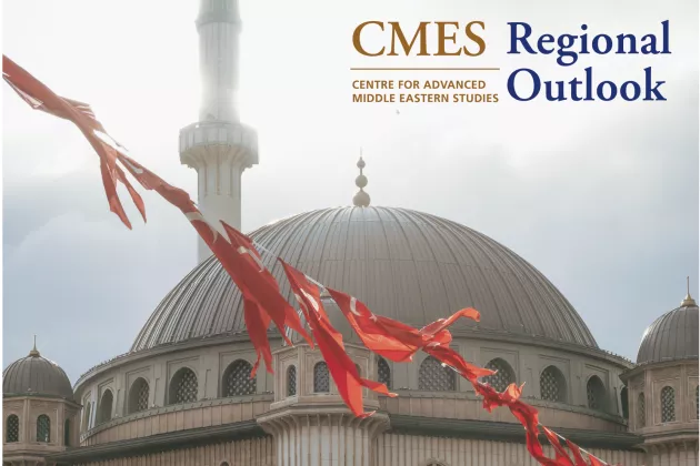 A photo of a string of Turkish flags waving in the air. In the background you can see a mosque. The text "CMES Regional Outlook"