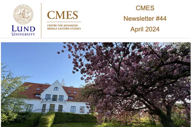 The cover of the CMES Newsletter #44 with a photos of the CMES building, university building and magnolia flowers.