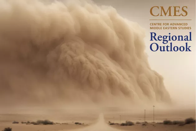 An AI generated image of a dust-storm and the logo for CMES.