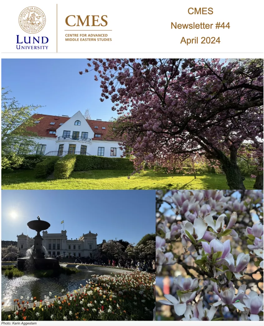 The cover of the CMES Newsletter #44 with a photos of the CMES building, university building and magnolia flowers.