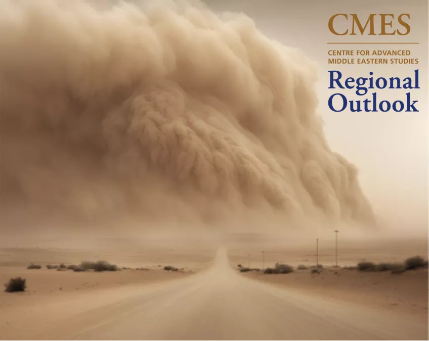 An AI generated image of a dust-storm and the logo for CMES.